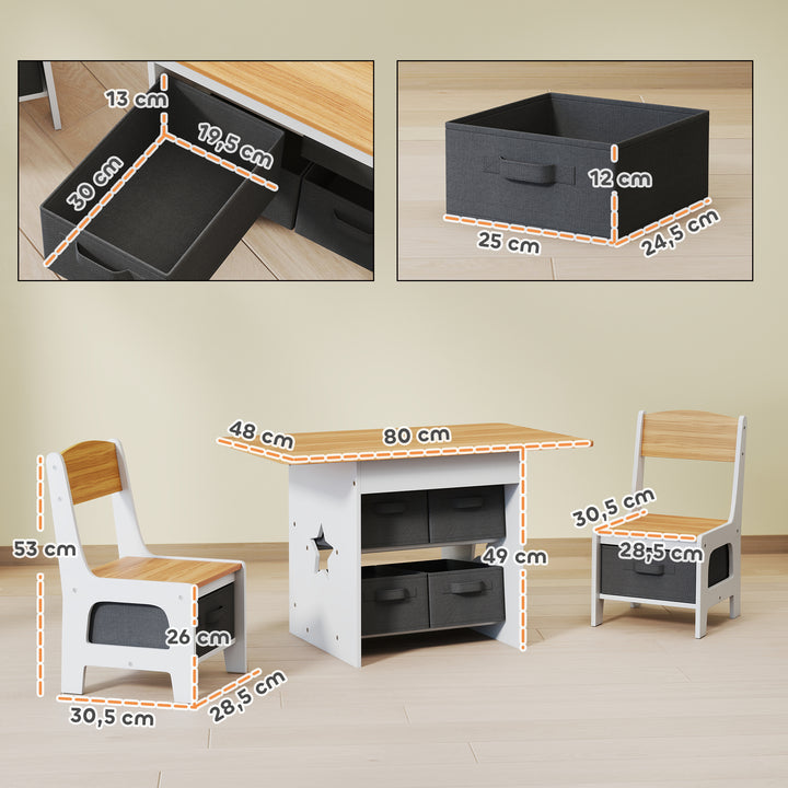 Mesa Infantil com 2 Cadeiras Mesa e Cadeiras para Crianças com 6 Gavetas de Tecido Desenho Estrelas para Meninos e Meninas de 3-8 Anos para Casa Escola Infantil Salas de Aula Madeira e Branco