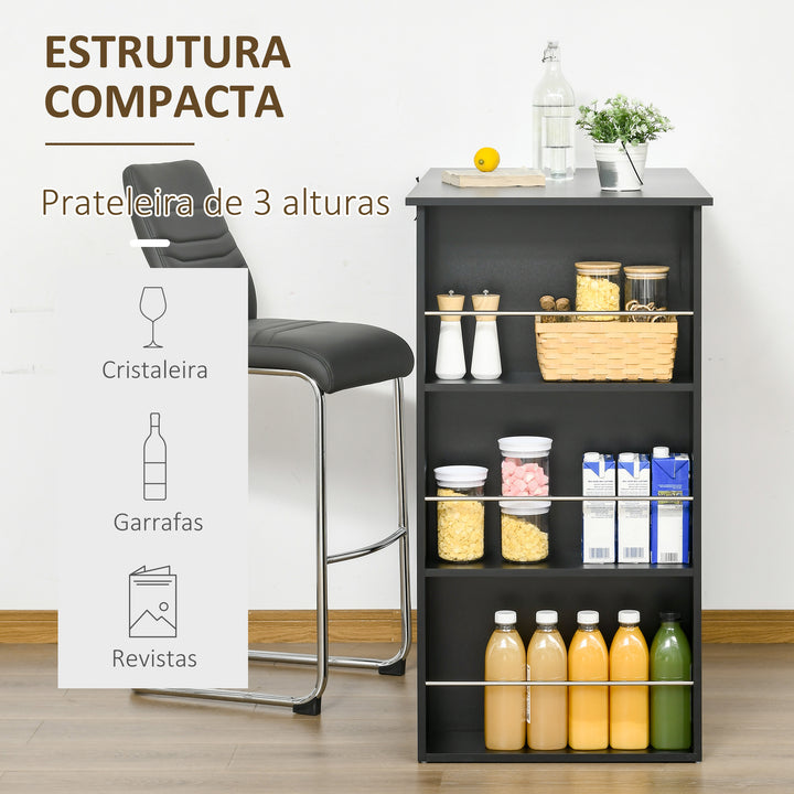 Mesa de Bar de Bistrô com 3 Prateleiras com Suporte Estilo Moderno para Cozinha Sala de Jantar Sala de Estar Estrutura de Melamina 112x57x106cm Preto