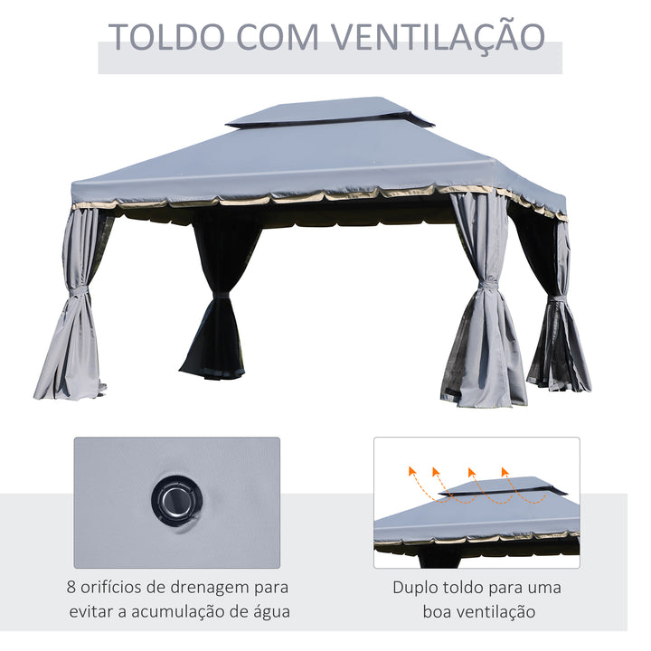 Pavilhão de Jardim 4x3 m, Gazebo com Telhado Duplo, 4 Cortinas e Rede Mosquiteira, Estrutura de Alumínio, Orifícios de Drenagem, UPF50+, Tenda para Exterior, Terraço, Cinzento