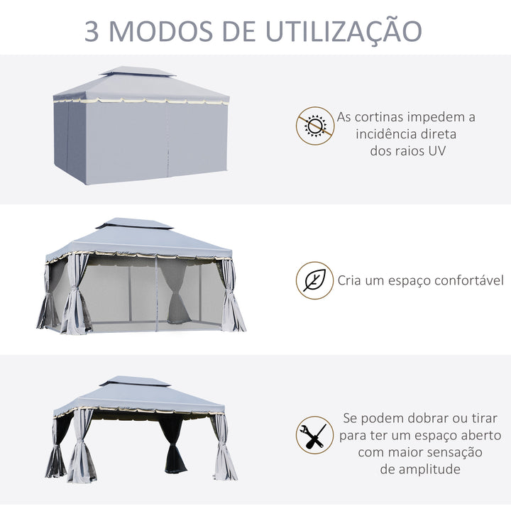 Pavilhão de Jardim 4x3 m, Gazebo com Telhado Duplo, 4 Cortinas e Rede Mosquiteira, Estrutura de Alumínio, Orifícios de Drenagem, UPF50+, Tenda para Exterior, Terraço, Cinzento