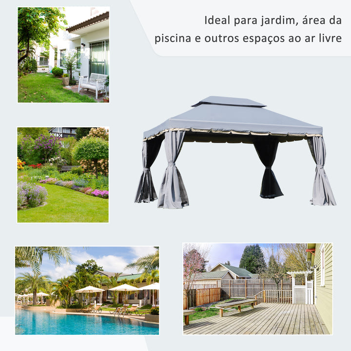 Pavilhão de Jardim 4x3 m, Gazebo com Telhado Duplo, 4 Cortinas e Rede Mosquiteira, Estrutura de Alumínio, Orifícios de Drenagem, UPF50+, Tenda para Exterior, Terraço, Cinzento