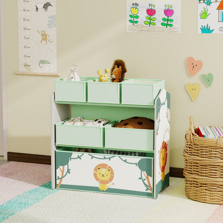 Estante Infantil para Brinquedos com 6 Caixas em Tecido Não Tecido Organizador de Brinquedos de 3 Níveis para Quarto Infantil Sala de Jogos Escola Infantil 63x30x66 cm Verde