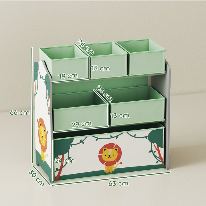 Estante Infantil para Brinquedos com 6 Caixas em Tecido Não Tecido Organizador de Brinquedos de 3 Níveis para Quarto Infantil Sala de Jogos Escola Infantil 63x30x66 cm Verde