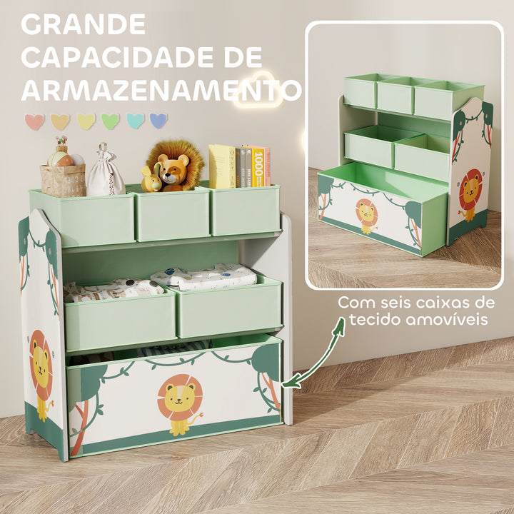 Estante Infantil para Brinquedos com 6 Caixas em Tecido Não Tecido Organizador de Brinquedos de 3 Níveis para Quarto Infantil Sala de Jogos Escola Infantil 63x30x66 cm Verde