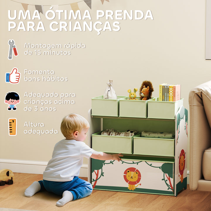 Estante Infantil para Brinquedos com 6 Caixas em Tecido Não Tecido Organizador de Brinquedos de 3 Níveis para Quarto Infantil Sala de Jogos Escola Infantil 63x30x66 cm Verde