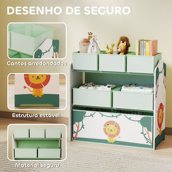 Estante Infantil para Brinquedos com 6 Caixas em Tecido Não Tecido Organizador de Brinquedos de 3 Níveis para Quarto Infantil Sala de Jogos Escola Infantil 63x30x66 cm Verde