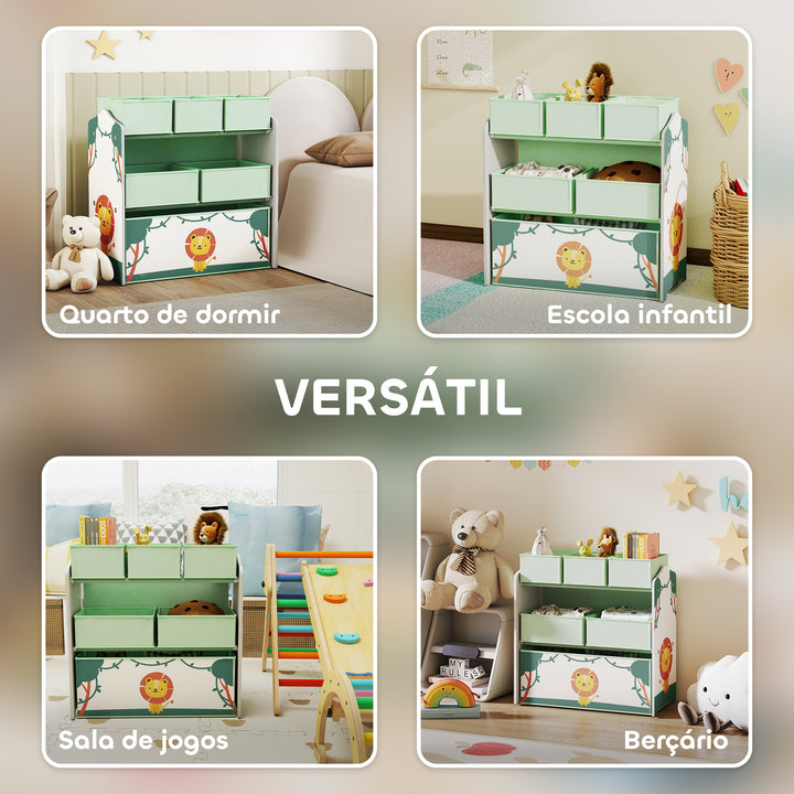 Estante Infantil para Brinquedos com 6 Caixas em Tecido Não Tecido Organizador de Brinquedos de 3 Níveis para Quarto Infantil Sala de Jogos Escola Infantil 63x30x66 cm Verde