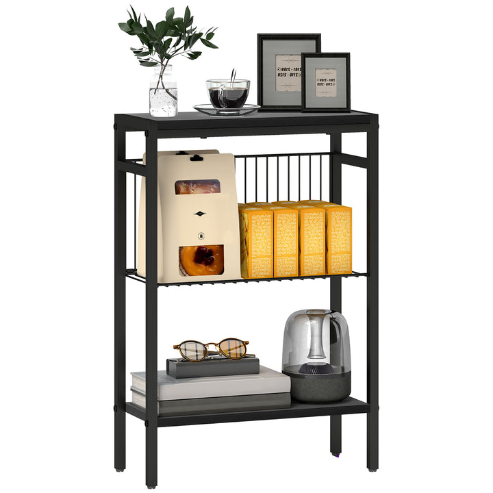 Mesa Auxiliar Estreita de 3 Níveis Mesinha Auxiliar Industrial com Prateleiras Abertas e Estrutura de Aço para Sala de Estar Quarto 43x18x62,5 cm Preto