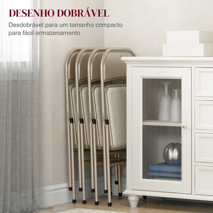 Conjunto de 4 Cadeiras Dobráveis com Encosto e Assento Acolchoado em Linho Sintético e Estrutura em Aço para Sala de Estar Escritório Cozinha 45x46x78 cm Bege