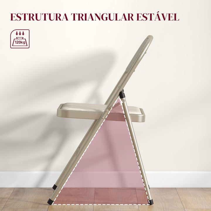 Conjunto de 4 Cadeiras Dobráveis com Encosto e Assento Acolchoado em Linho Sintético e Estrutura em Aço para Sala de Estar Escritório Cozinha 45x46x78 cm Bege
