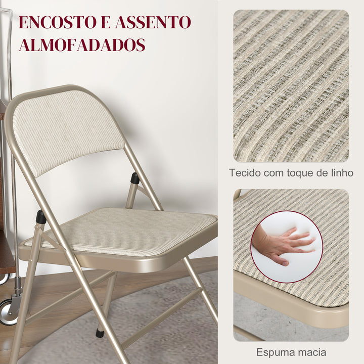 Conjunto de 4 Cadeiras Dobráveis com Encosto e Assento Acolchoado em Linho Sintético e Estrutura em Aço para Sala de Estar Escritório Cozinha 45x46x78 cm Bege