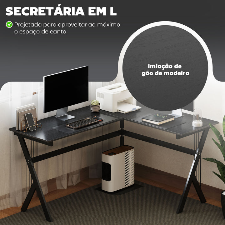 Secretária de PC Computador Secretária para Gabinete Móveis para Escritório- Cor: Preto - MDF E1 e Ferro Revestido de Pó - 155 x 130 x 76 cm