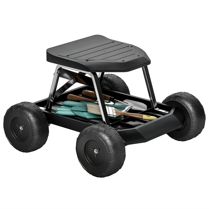 Assento de Jardim com Rodas Banco de Jardinagem com Bandeja de Ferramentas Carrinho de Trabalho Carga 130 kg para Pátio Exterior 50x49x32 cm Preto