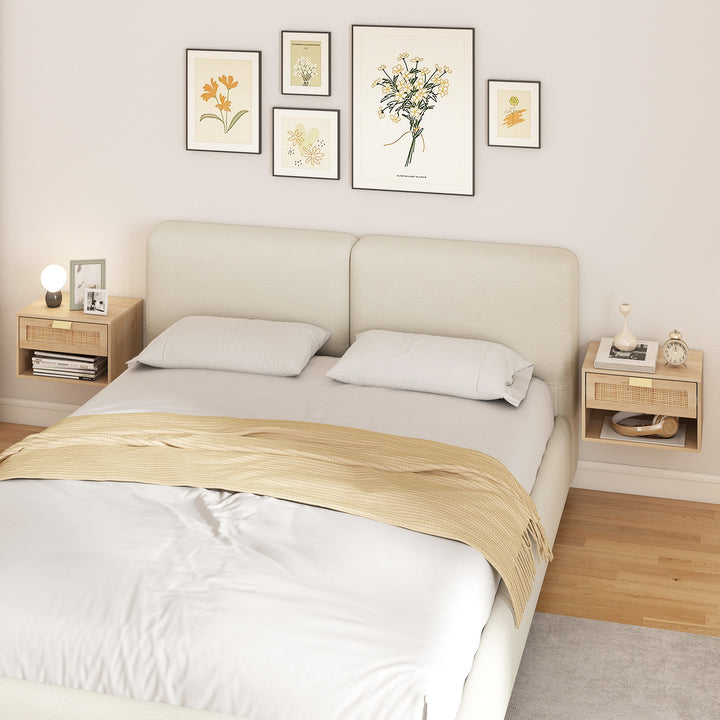 Conjunto de 2 Mesas de Cabeceira Suspensas Mesas de Cabeceira com Gaveta de Vime Prateleira Aberta Economiza Espaço Design Nórdico para Sala de Estar 40x30x25 cm Carvalho