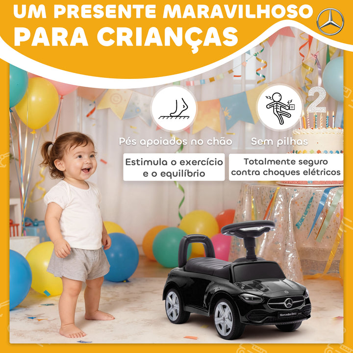 Carro Andador para Crianças de 18-36 Meses Mercedes-Benz Classe C Carro de Passeio com Buzina Volante Sons de Motor e Espaço de Armazenamento 65x28x39 cm Preto