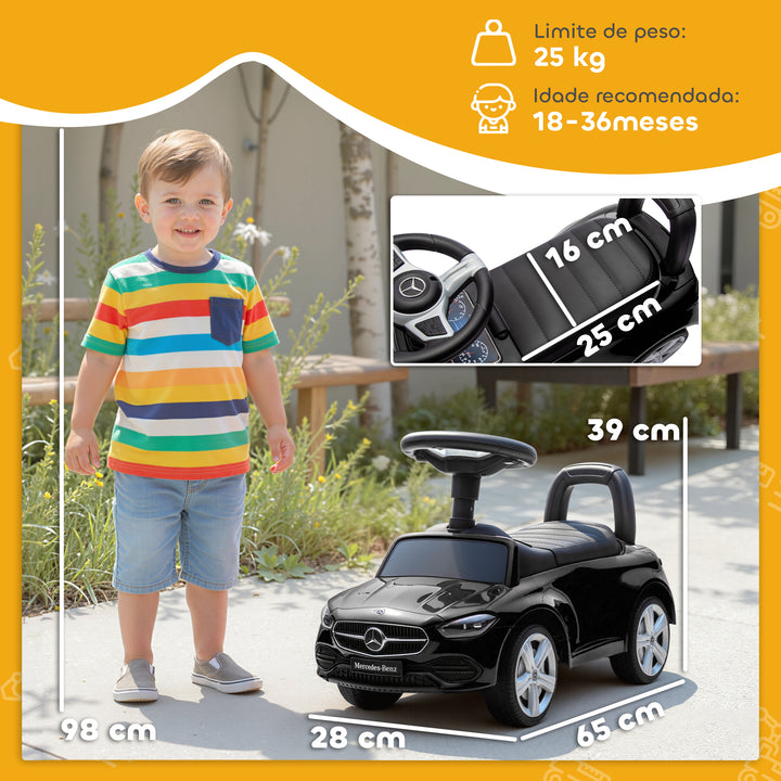 Carro Andador para Crianças de 18-36 Meses Mercedes-Benz Classe C Carro de Passeio com Buzina Volante Sons de Motor e Espaço de Armazenamento 65x28x39 cm Preto