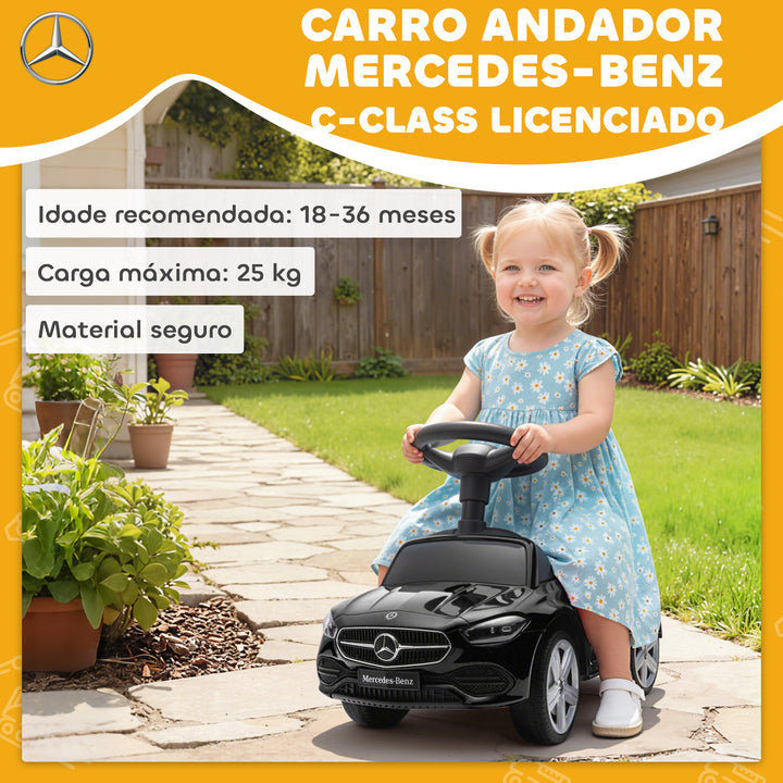 Carro Andador para Crianças de 18-36 Meses Mercedes-Benz Classe C Carro de Passeio com Buzina Volante Sons de Motor e Espaço de Armazenamento 65x28x39 cm Preto