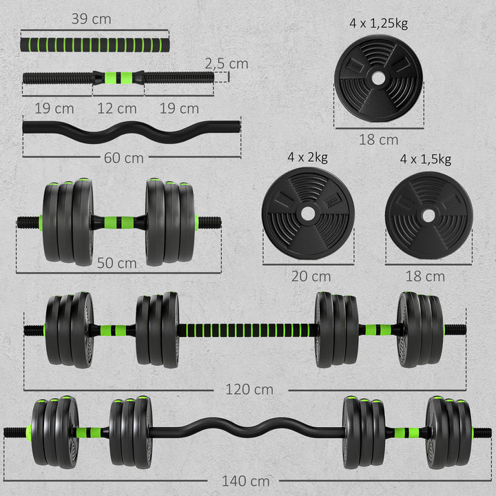Conjunto de Halteres Ajustáveis 3 em 1 20 kg Conjunto de Pesos com Barras de Conexão e Pegas Antiderrapantes Pesos e Halteres para Exercício de Fitness Ginásio em Casa