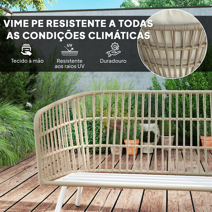 Conjunto de Jardim em Vime Sintético de 4 Peças Móveis de Exterior com Sofá de 2 Lugares 2 Poltronas 1 Mesa de Centro de Metal com Almofadas Creme e Madeira