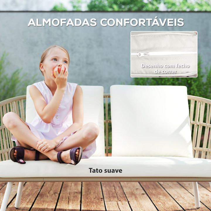 Conjunto de Jardim em Vime Sintético de 4 Peças Móveis de Exterior com Sofá de 2 Lugares 2 Poltronas 1 Mesa de Centro de Metal com Almofadas Creme e Madeira