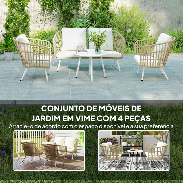 Conjunto de Jardim em Vime Sintético de 4 Peças Móveis de Exterior com Sofá de 2 Lugares 2 Poltronas 1 Mesa de Centro de Metal com Almofadas Creme e Madeira