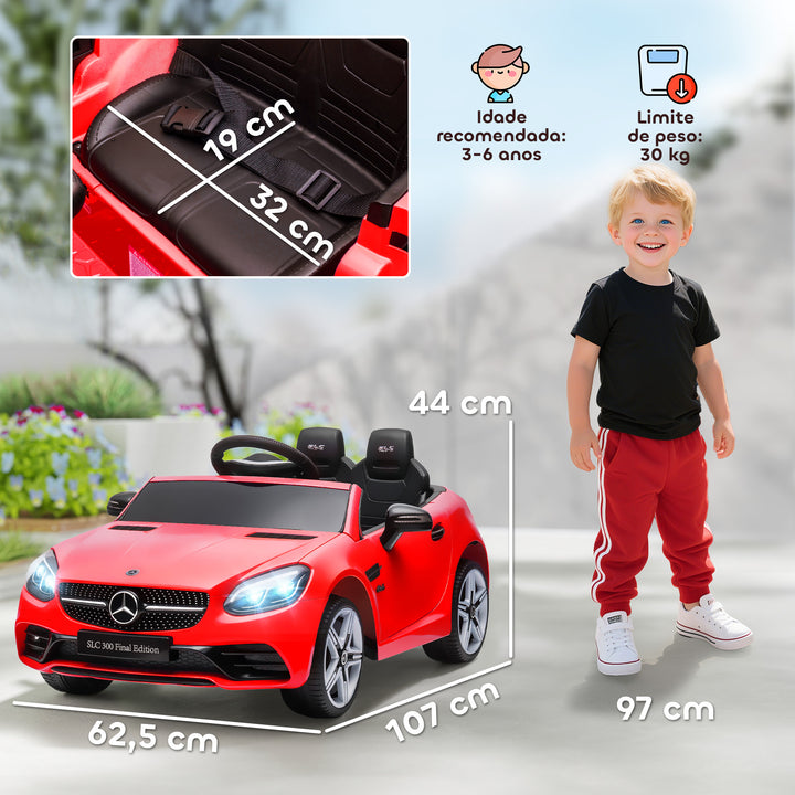 Carro Elétrico Mercedes SLC 300 12V para Crianças de 3-6 Anos com Controlo Remoto Faróis LED Buzina Música TF USB e Abertura da Porta 3-5km/h 107x62,5x44 cm Vermelho