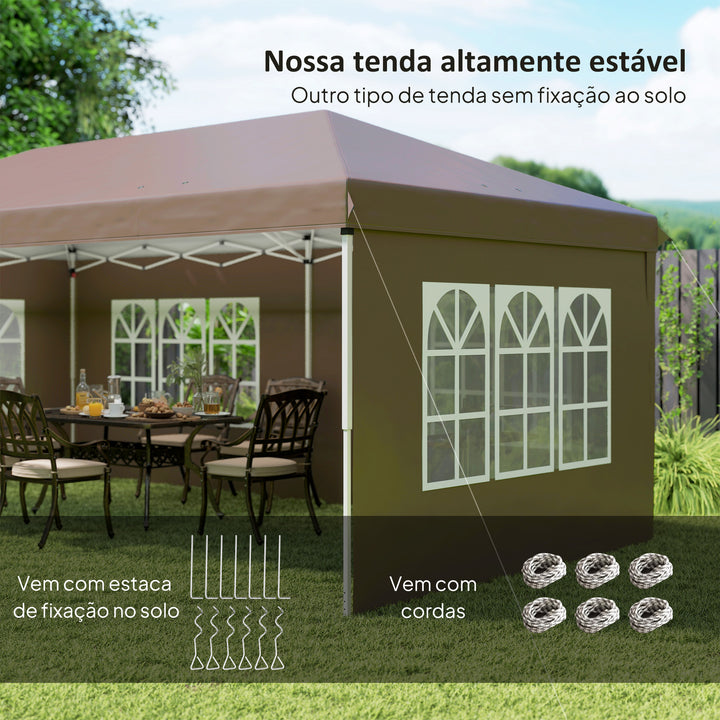 Tenda Dobrável 6x3 m Pop-up com 4 Laterais Removíveis Toldo de Jardim com 4 Janelas Visíveis Bolsa de Transporte UPF50+ Tenda para Campismo Festas Exterior Castanho