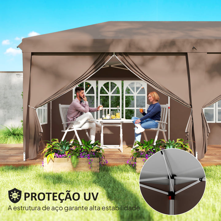 Tenda Dobrável 6x3 m Pop-up com 4 Laterais Removíveis Toldo de Jardim com 4 Janelas Visíveis Bolsa de Transporte UPF50+ Tenda para Campismo Festas Exterior Castanho