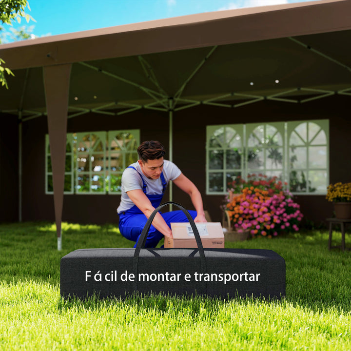 Tenda Dobrável 6x3 m Pop-up com 4 Laterais Removíveis Toldo de Jardim com 4 Janelas Visíveis Bolsa de Transporte UPF50+ Tenda para Campismo Festas Exterior Castanho