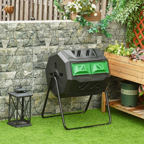 Compostor de Tambor Giratório com Capacidade 160L de Dupla Câmera e Ventilação Estrutura de Aço para Resíduos Orgânicos de Jardim 71x64x92cm Preto e Verde