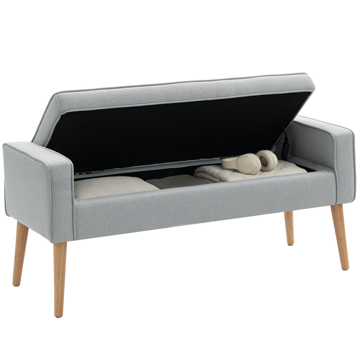 Banco de Armazenamento Baú de Armazenamento Estofado em Linho com Tampa Abatível e Pés de Madeira para Dormitório Sala de Estar Entrada Carga 120kg 120x45x54 cm Cinza Claro