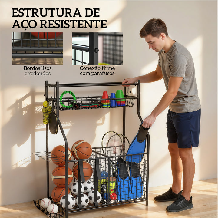Organizador de Equipamentos Desportivos Armazenamento de Bolas para Garagem com Cesta Ganchos Removíveis e Faixas Elásticas Suporte para Bolas de Basquetebol Futebol para Casa Ginásio 92x42x109 cm Preto