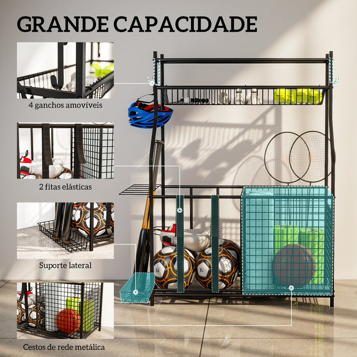 Organizador de Equipamentos Desportivos Armazenamento de Bolas para Garagem com Cesta Ganchos Removíveis e Faixas Elásticas Suporte para Bolas de Basquetebol Futebol para Casa Ginásio 92x42x109 cm Preto