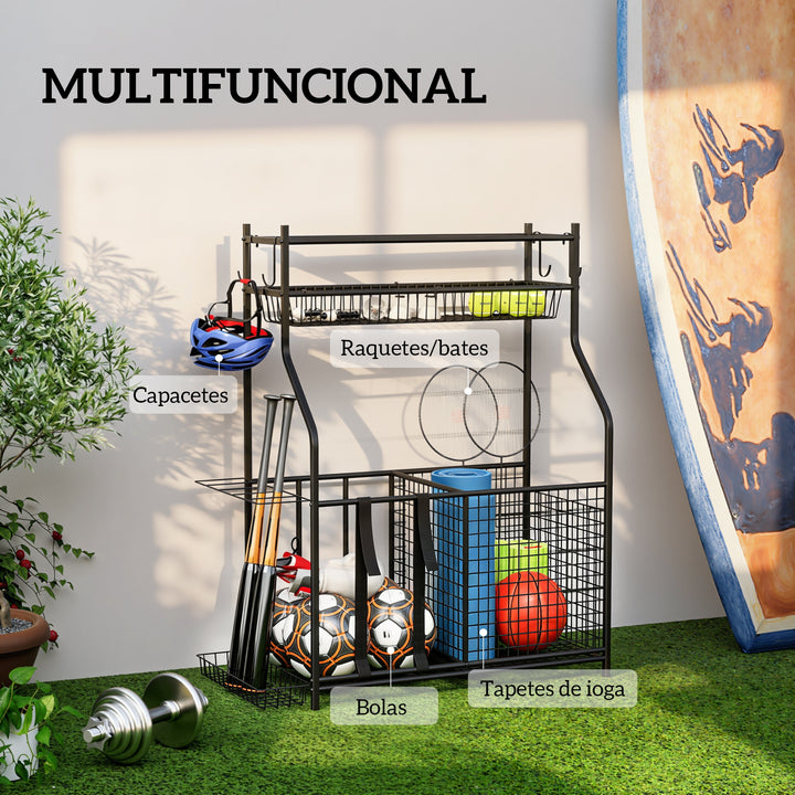 Organizador de Equipamentos Desportivos Armazenamento de Bolas para Garagem com Cesta Ganchos Removíveis e Faixas Elásticas Suporte para Bolas de Basquetebol Futebol para Casa Ginásio 92x42x109 cm Preto