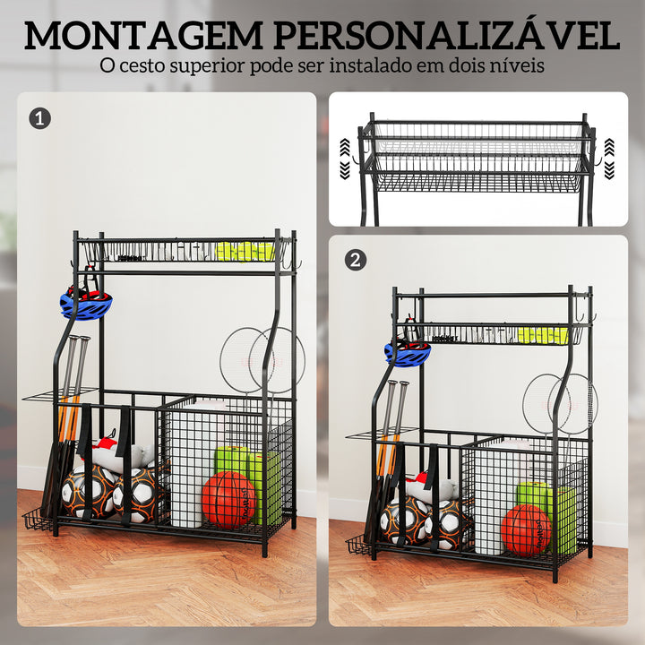 Organizador de Equipamentos Desportivos Armazenamento de Bolas para Garagem com Cesta Ganchos Removíveis e Faixas Elásticas Suporte para Bolas de Basquetebol Futebol para Casa Ginásio 92x42x109 cm Preto