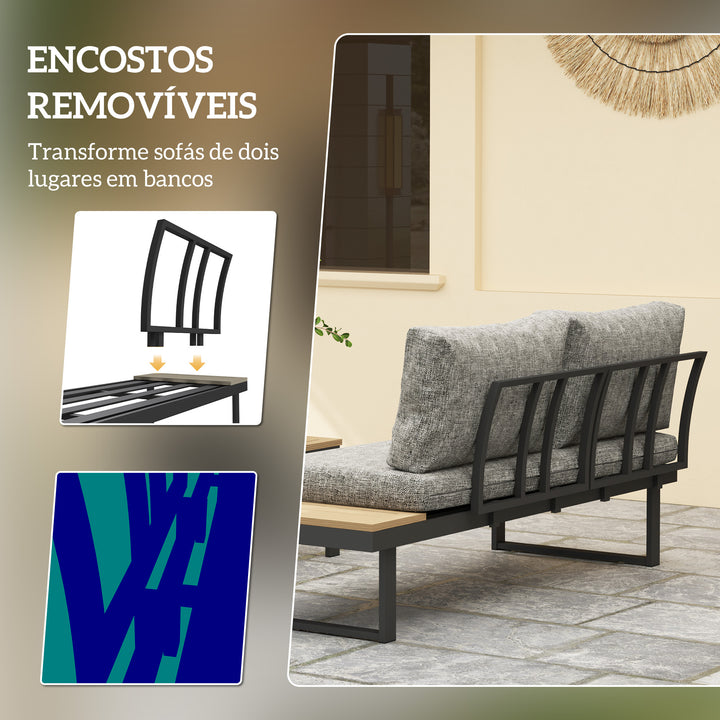 Conjunto de Jardim Exterior de 3 Peças, Sofá Exterior Seccional Resistente com 2 Sofás de 2 Lugares e Mesa de Centro Versátil, Estrutura de Alumínio e Almofadas, Cinzento Claro