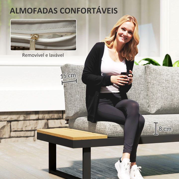 Conjunto de Jardim Exterior de 3 Peças, Sofá Exterior Seccional Resistente com 2 Sofás de 2 Lugares e Mesa de Centro Versátil, Estrutura de Alumínio e Almofadas, Cinzento Claro
