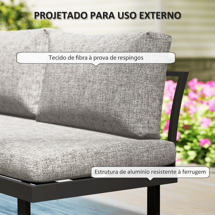 Conjunto de Jardim Exterior de 3 Peças, Sofá Exterior Seccional Resistente com 2 Sofás de 2 Lugares e Mesa de Centro Versátil, Estrutura de Alumínio e Almofadas, Cinzento Claro
