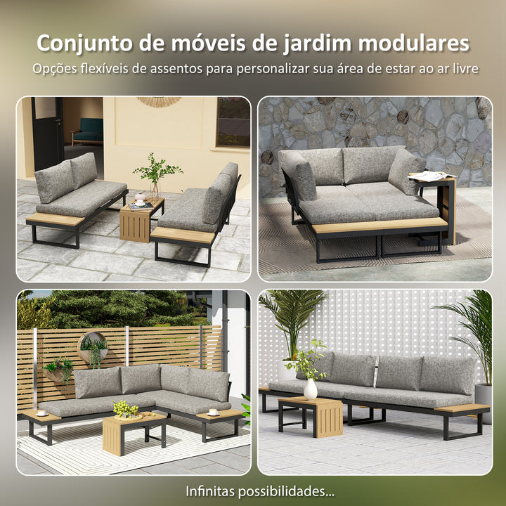 Conjunto de Jardim Exterior de 3 Peças, Sofá Exterior Seccional Resistente com 2 Sofás de 2 Lugares e Mesa de Centro Versátil, Estrutura de Alumínio e Almofadas, Cinzento Claro