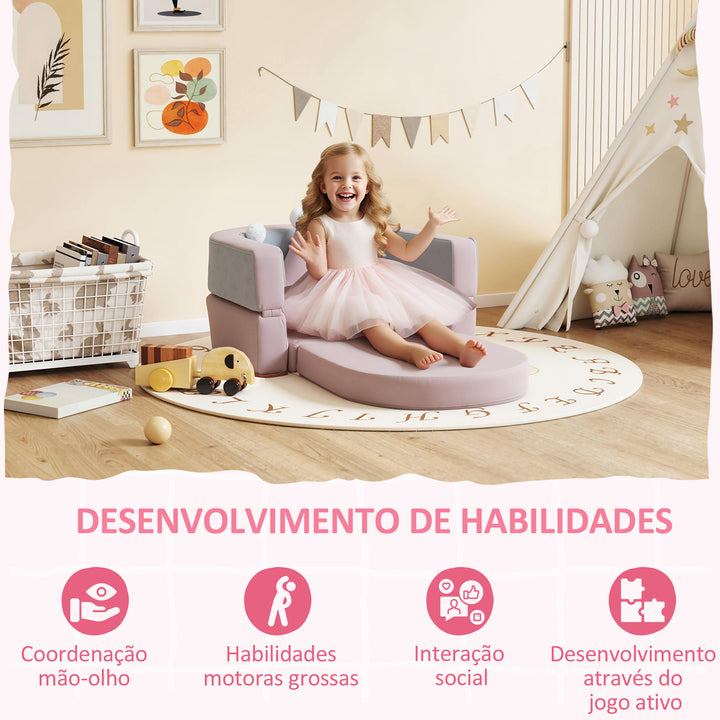 Sofá Infantil Convertível Sofá para Crianças com Almofada em Forma de Coroa Dobrável em Cama e Zona de Brincadeiras Estofado em Veludo Suave para Crianças dos 18 aos 36 Meses Rosa e Azul Acinzentado