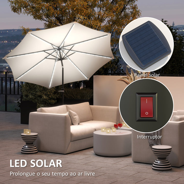 Chapéu de Sol para Jardim Ø292x252 cm Chapéu de Sol de Exterior com Inclinação Ajustável até 45° Luzes LED Solares Impermeável e Manivela para Pátio Piscina sem Base Creme