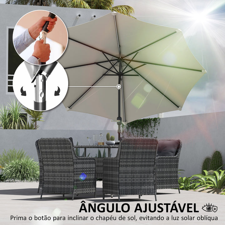 Chapéu de Sol para Jardim Ø292x252 cm Chapéu de Sol de Exterior com Inclinação Ajustável até 45° Luzes LED Solares Impermeável e Manivela para Pátio Piscina sem Base Creme