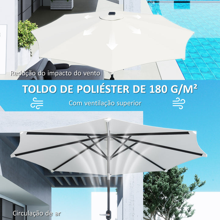 Chapéu de Sol para Jardim Ø292x252 cm Chapéu de Sol de Exterior com Inclinação Ajustável até 45° Luzes LED Solares Impermeável e Manivela para Pátio Piscina sem Base Creme