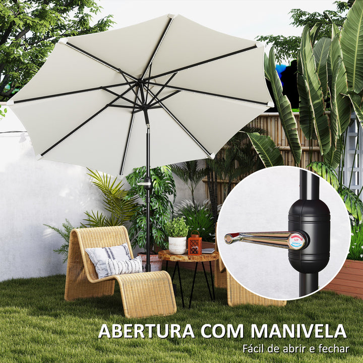 Chapéu de Sol para Jardim Ø292x252 cm Chapéu de Sol de Exterior com Inclinação Ajustável até 45° Luzes LED Solares Impermeável e Manivela para Pátio Piscina sem Base Creme
