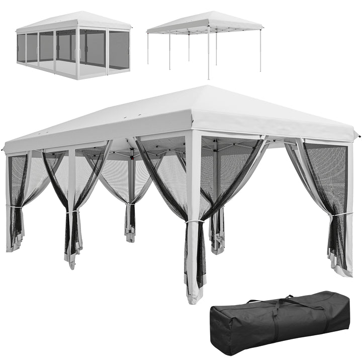 Tenda Dobrável 585x295x270 cm Tenda de Jardim com 6 Mosquiteiros Bolsa de Transporte e Estrutura de Aço para Campismo Festas Cinza