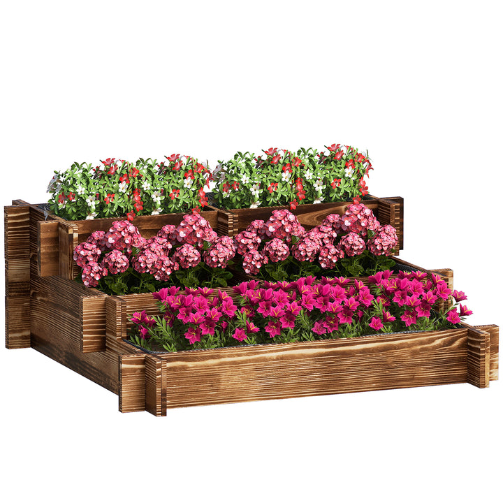 Caixa de Plantio de Madeira de 3 Níveis Horta Vertical em Escada com Malha Geotextil para Cultivos de Plantas Flores para Jardim Terraço Exterior 93x93x35 cm Carbonizado