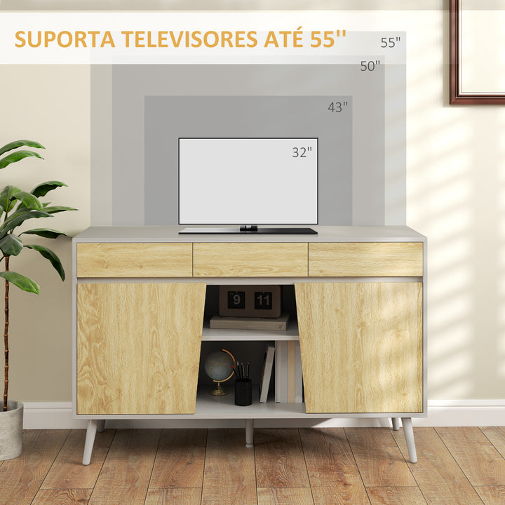 Aparador de 2 Portas Aparador de Sala com 3 Gavetas Prateleiras Móvel para TV para Dormitório Sala de Estar 120x39x77 cm Branco e Madeira
