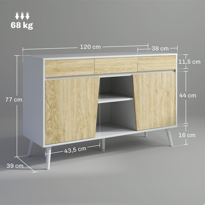 Aparador de 2 Portas Aparador de Sala com 3 Gavetas Prateleiras Móvel para TV para Dormitório Sala de Estar 120x39x77 cm Branco e Madeira