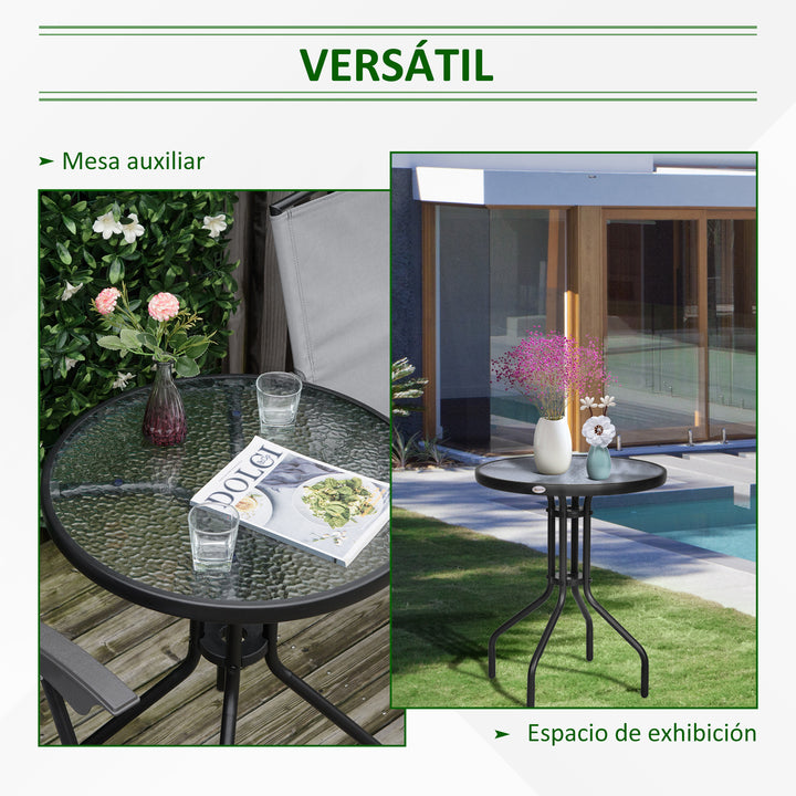 Mesa de Jardim Redonda com Bancada de Vidro Temperado Decorativa e Estrutura de Metal para Pátio Terraço Varanda Ø60x70 cm Preto