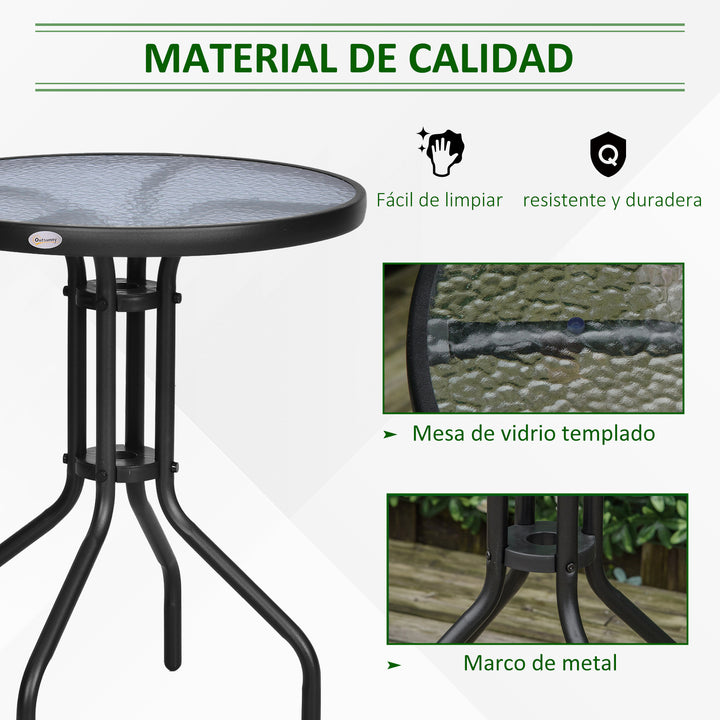Mesa de Jardim Redonda com Bancada de Vidro Temperado Decorativa e Estrutura de Metal para Pátio Terraço Varanda Ø60x70 cm Preto